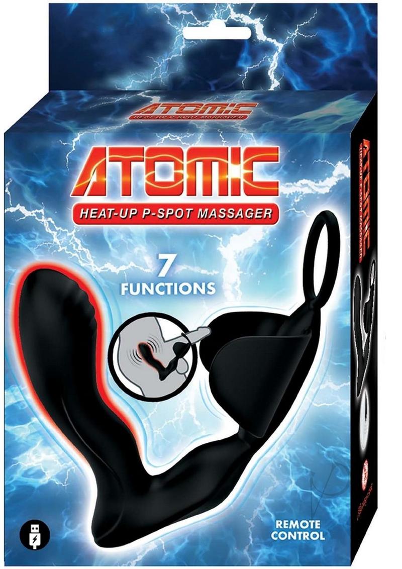 Atomic Heat Up Rechargeable Silicone Massager Black packaging showcasing powerful vibration features.