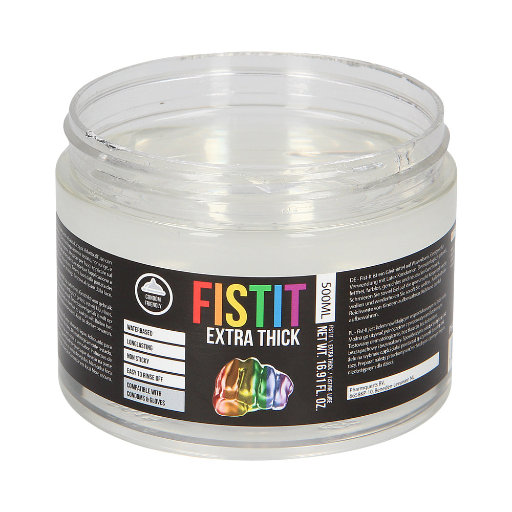 Fist It Extra Thick Water Based Fisting Lube 16.9 Oz in a clear jar with a colorful label.
