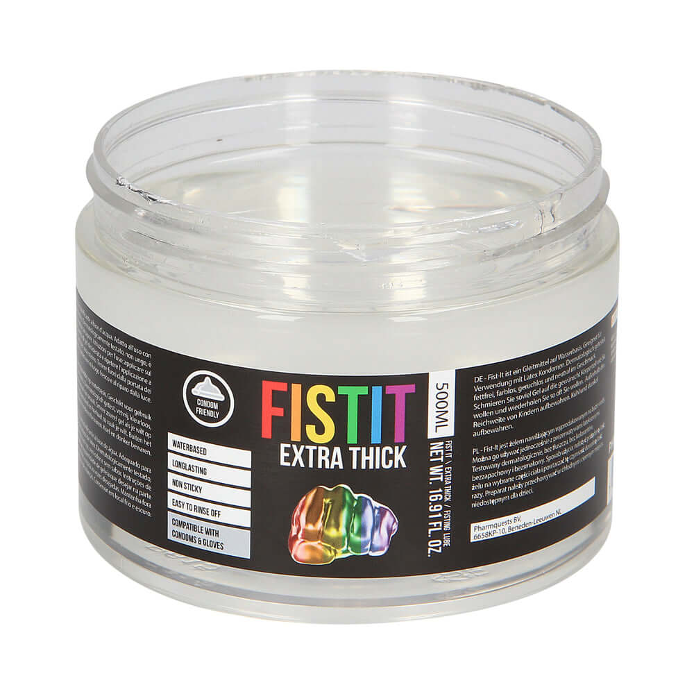Fist It Extra Thick Water Based Fisting Lube 16.9 Oz in a clear jar with a colorful label.