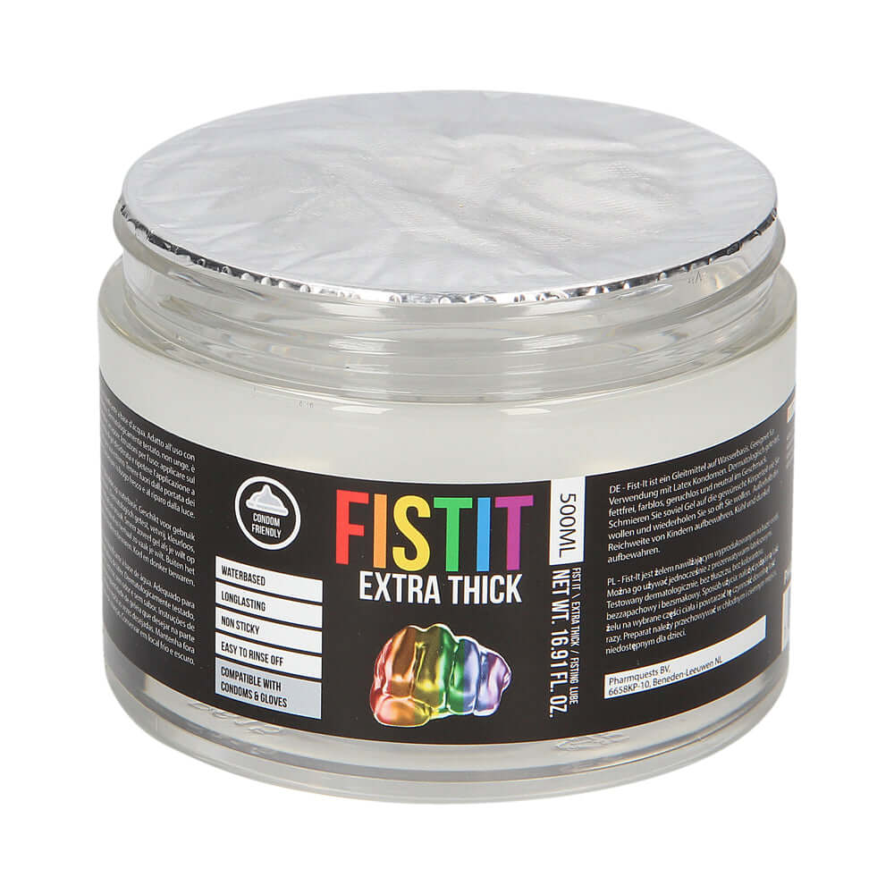 Fist It Extra Thick Water Based Fisting Lube 16.9 Oz in a jar with a silver lid and colorful label.