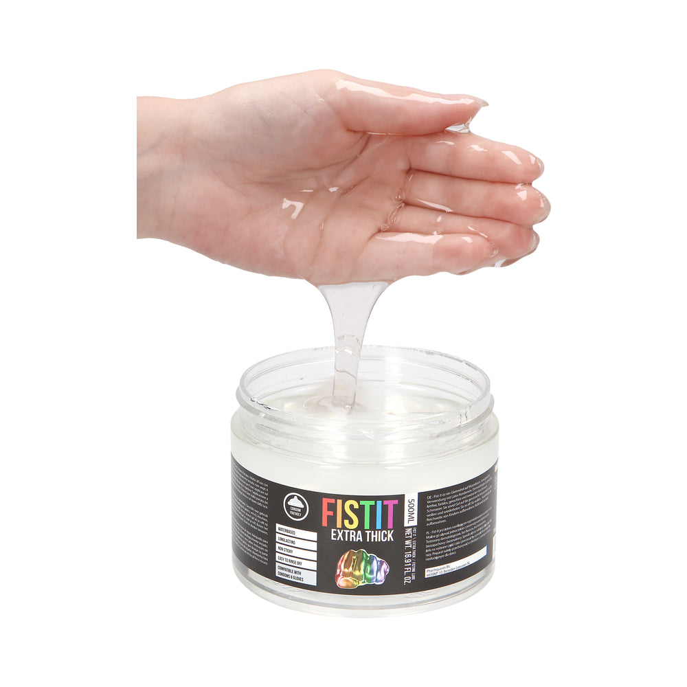 Fist It Extra Thick Water Based Fisting Lube 16.9 Oz, showing thick, gliding formula in a jar with hand.