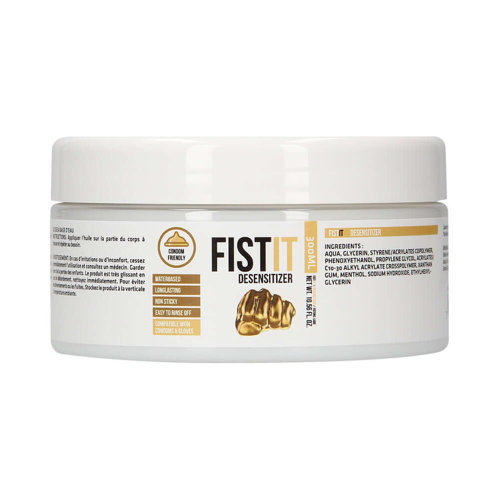 Fist It Numbing Water-Based Fisting Lube 10.56 Oz container with clear lid and informational label.