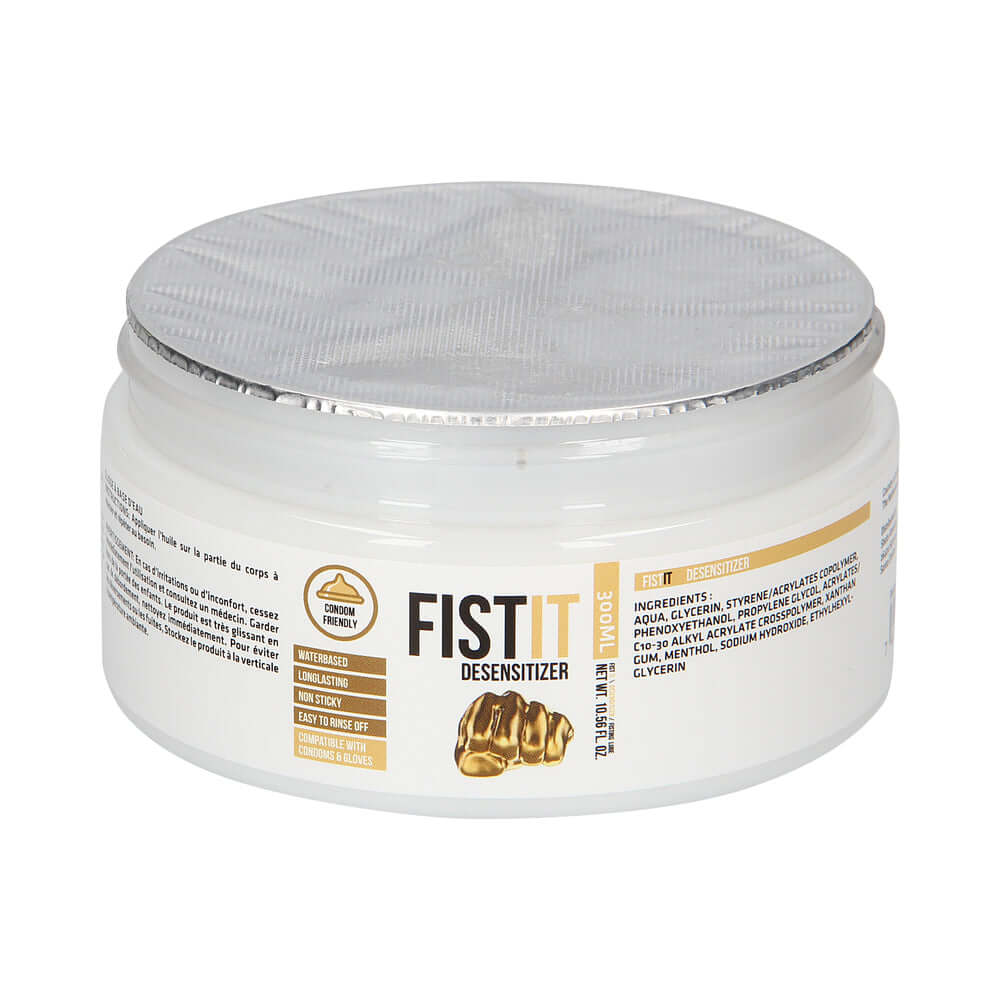 Fist It Numbing Water-Based Fisting Lube 10.56 Oz jar with silver lid for enhanced comfort and smooth glide.
