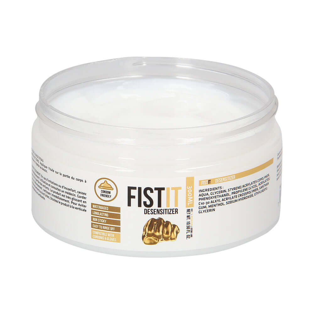 Fist It Numbing Water-Based Fisting Lube 10.56 Oz in a jar, featuring a label with detailed ingredients.