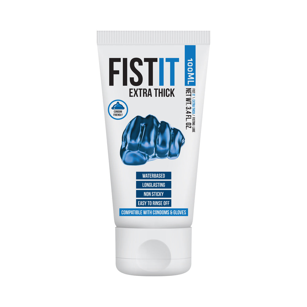Fist It Extra Thick Water-Based Fisting Lube 3.4 Oz tube showing features like water-based, long-lasting, and non-sticky.