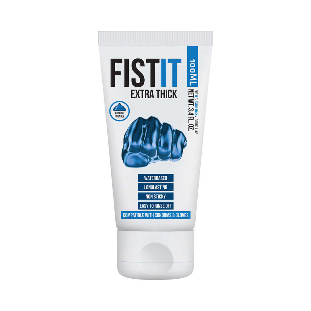Fist It Extra Thick Water-Based Fisting Lube 3.4 Oz tube showing features like water-based, long-lasting, and non-sticky.