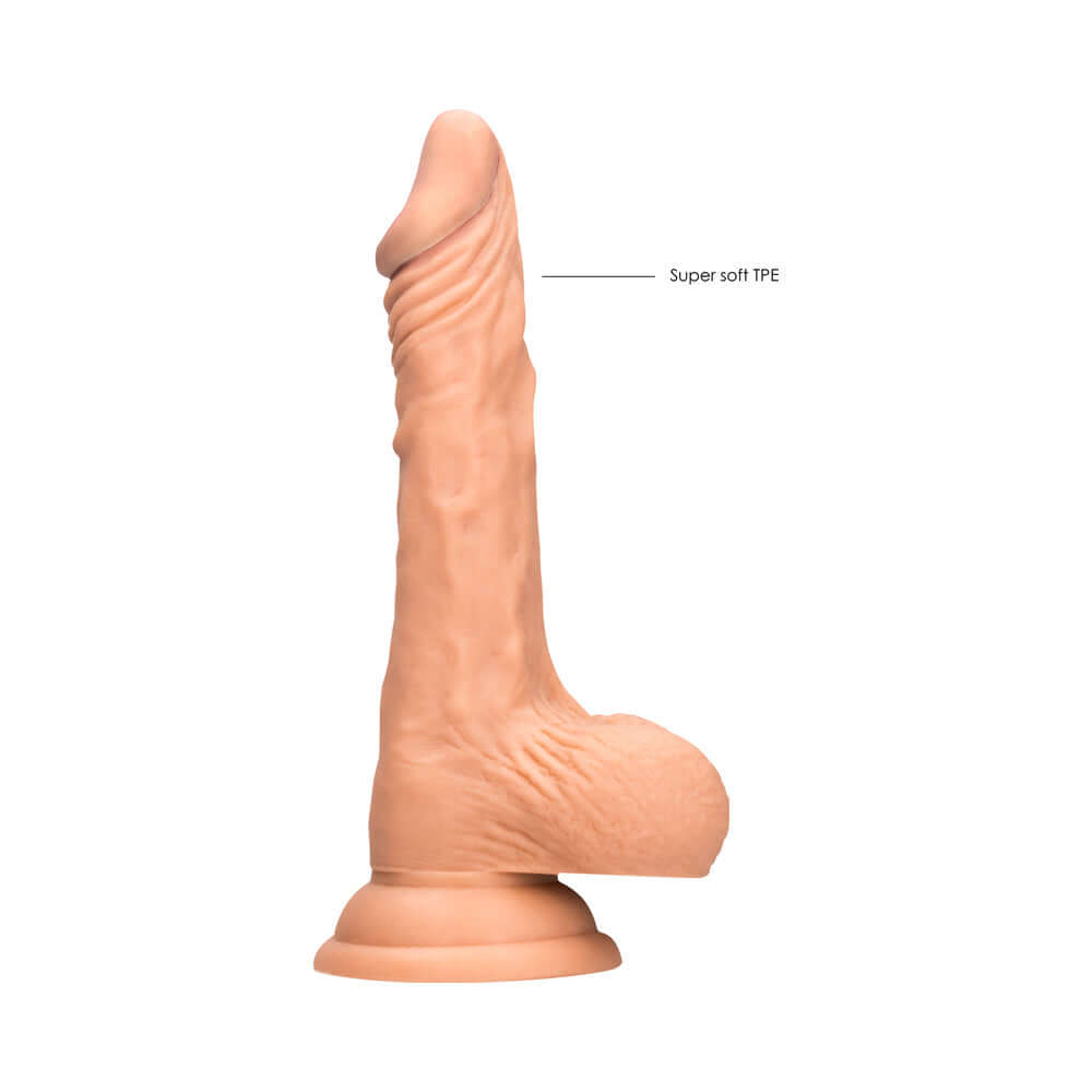 RealRock Realistic 7 inch Dildo With Balls & Suction Cup Beige showcasing super soft TPE material and detailed design.