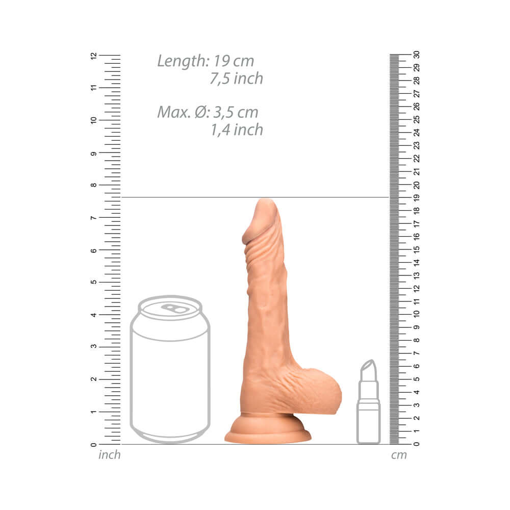 RealRock Realistic 7 inch Dildo With Balls & Suction Cup Beige dimensions alongside a can for scale.