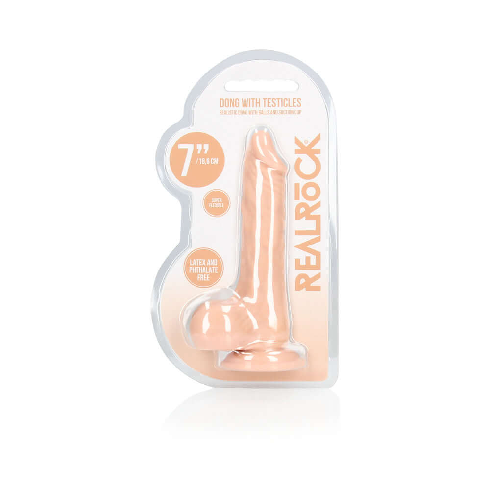 RealRock Realistic 7 inch Dildo With Balls & Suction Cup Beige packaging showing the product details.