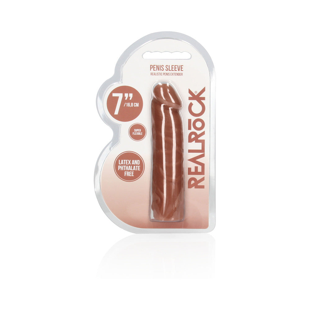 RealRock Realistic Veiny 7 inches Penis Sleeve Extender Tan packaging showcasing realistic design and textures.
