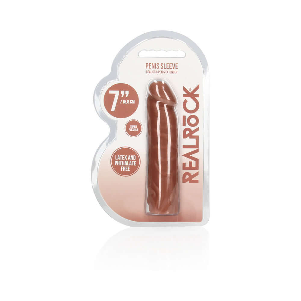 RealRock Realistic Veiny 7 inches Penis Sleeve Extender Tan packaging showcasing realistic design and textures.