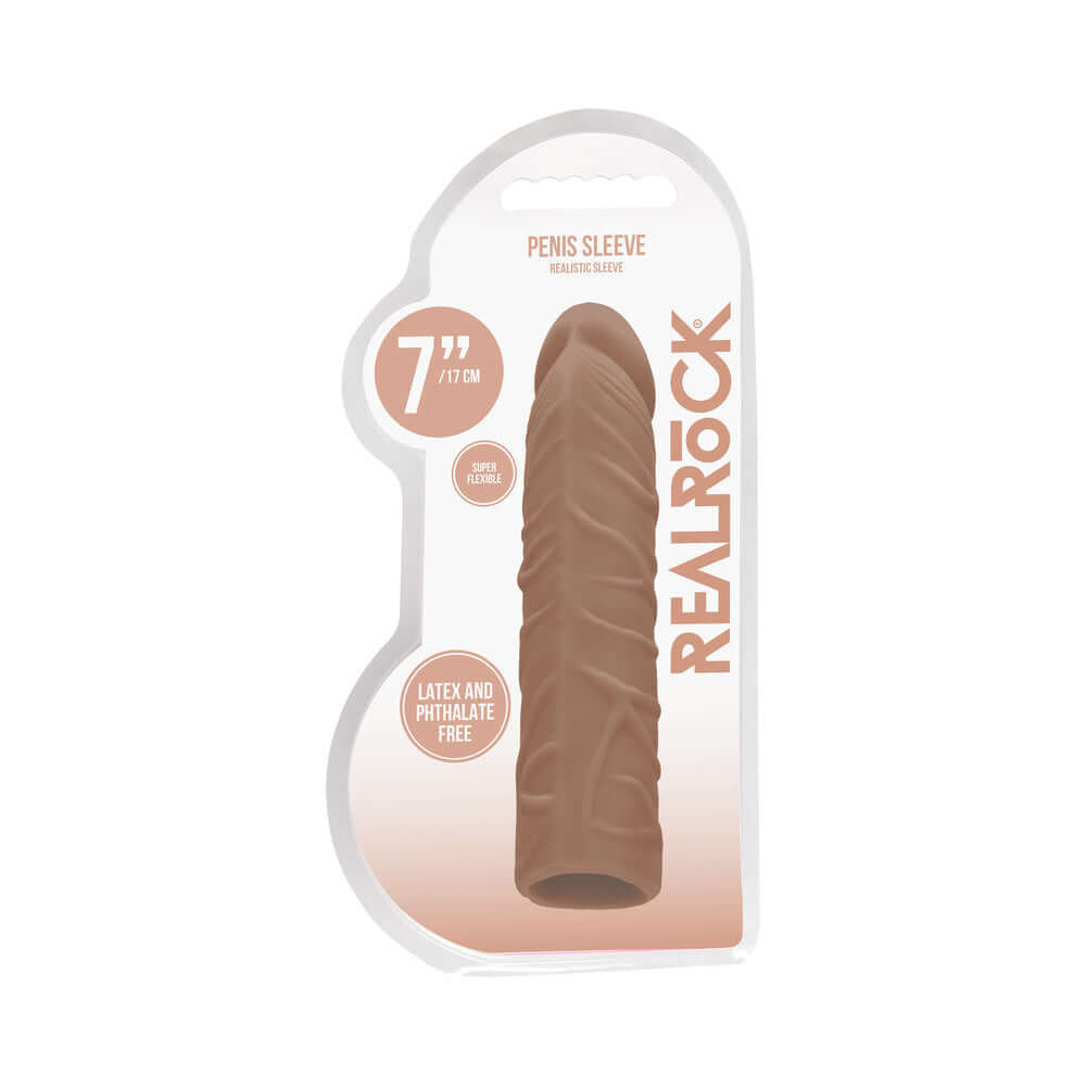 RealRock Realistic Veiny 7 inches Penis Sleeve Extender Tan packaging with realistic textures and veiny design.