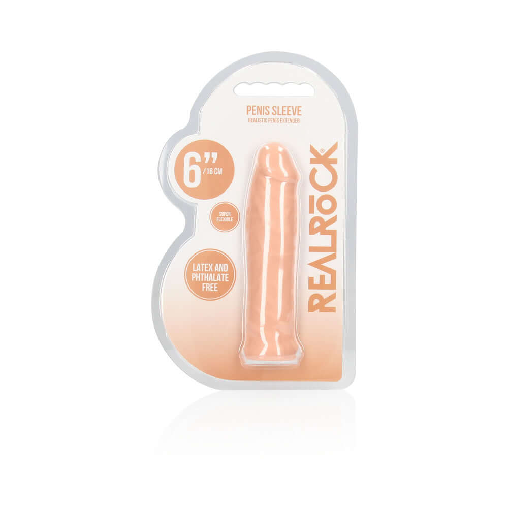 RealRock Realistic 6 inches Penis Sleeve Extender Beige packaging showcasing lifelike design and features.