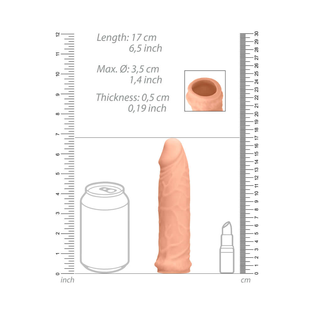 RealRock Realistic 6 inches Penis Sleeve Extender Beige dimensions with measurements next to a can and lipstick.
