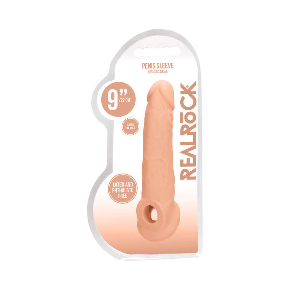 RealRock Realistic 9 inch Penis Sleeve Extender Sling Beige in packaging, showcasing lifelike design and size.