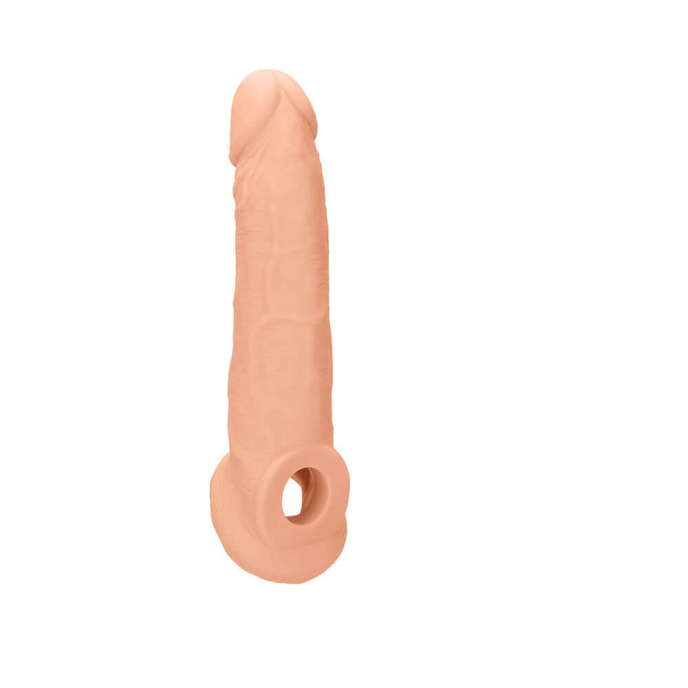 RealRock Realistic 9 inch Penis Sleeve Extender Sling Beige, lifelike silicone design for enhanced pleasure.