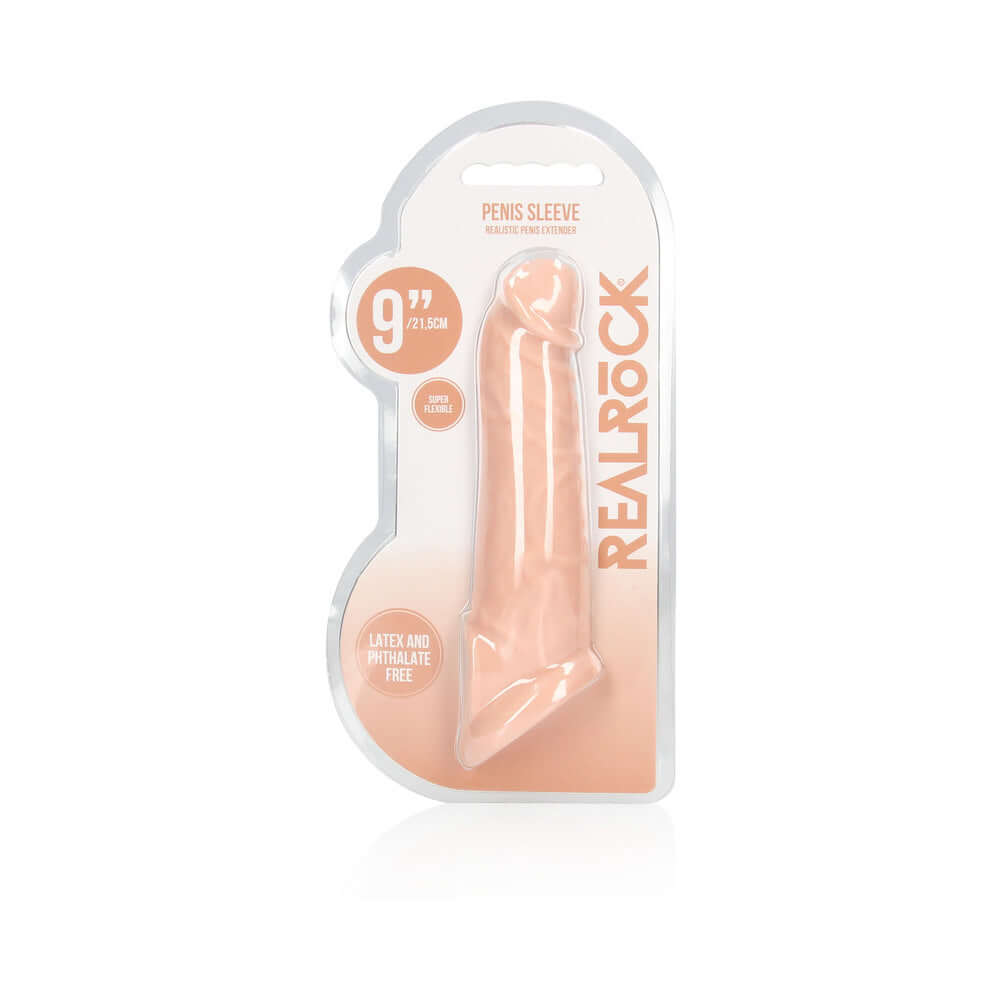 RealRock Realistic 9 inch Penis Sleeve Extender Sling Beige packaging view, showcasing a lifelike design.