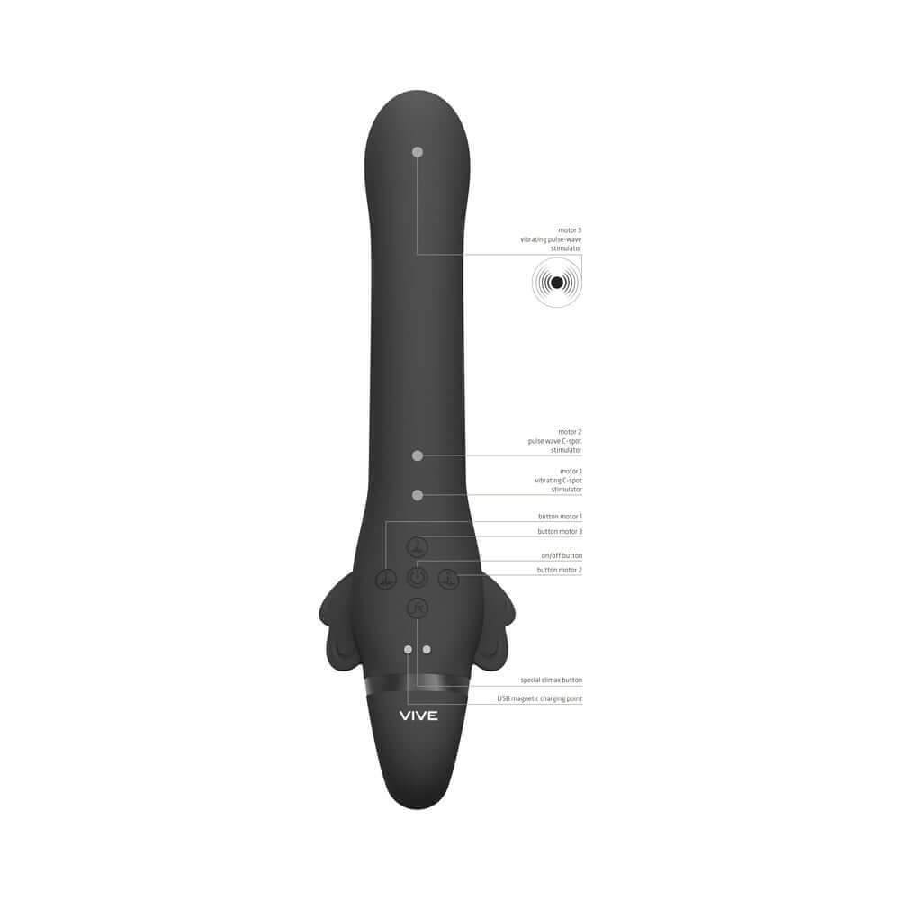 VIVE SATU Rechargeable Triple Motor Pulse-Wave Vibrating Silicone Strapless Strap-On Black