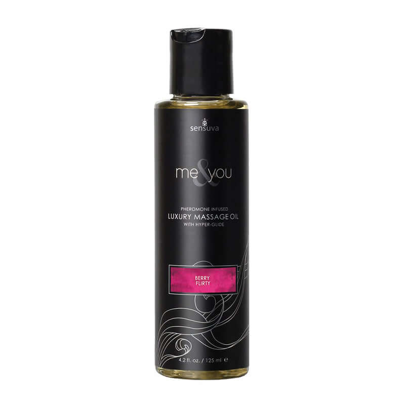 Me & You Pheromone-Infused Luxury Massage Oil Berry Flirty 4.2 Oz in a sleek black bottle with pink label.