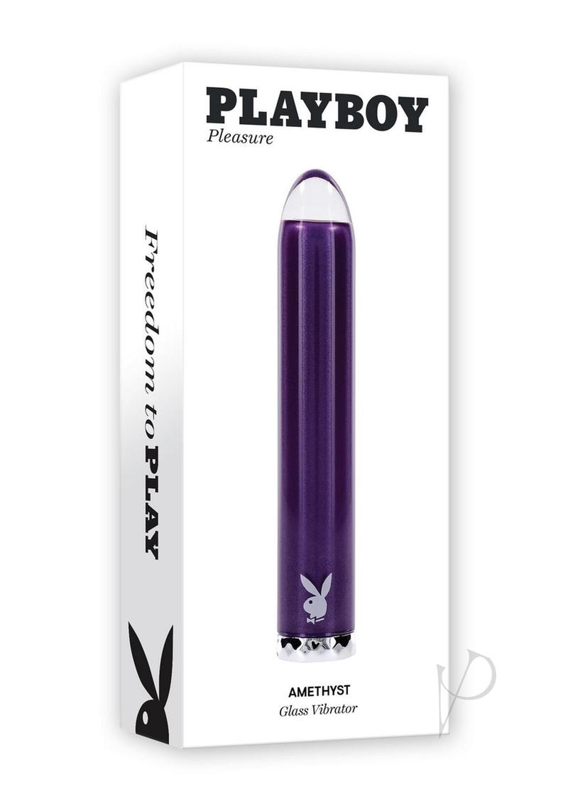 Playboy Amethyst Rechargeable Silicone Vibrator Purple in elegant packaging featuring the Playboy logo.