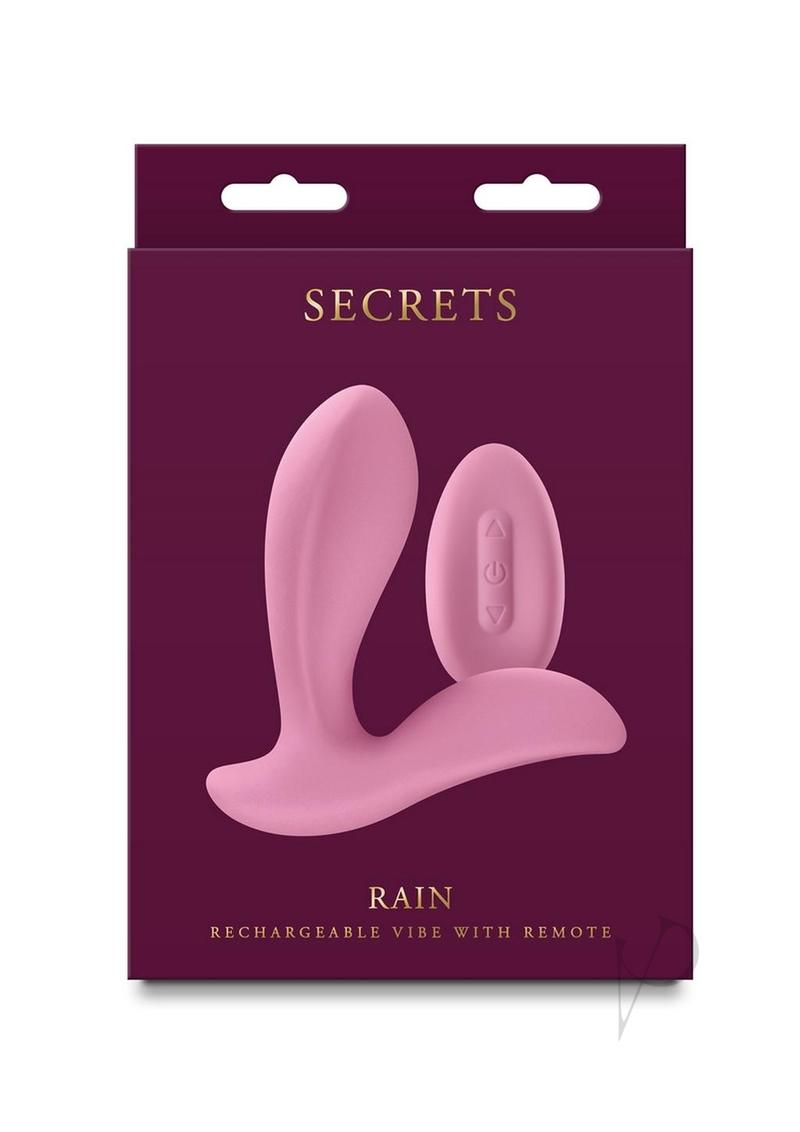 Secrets Rain Silicone Remote Control Vibrator Pink in packaging, showcasing a sleek design and remote control for pleasure.