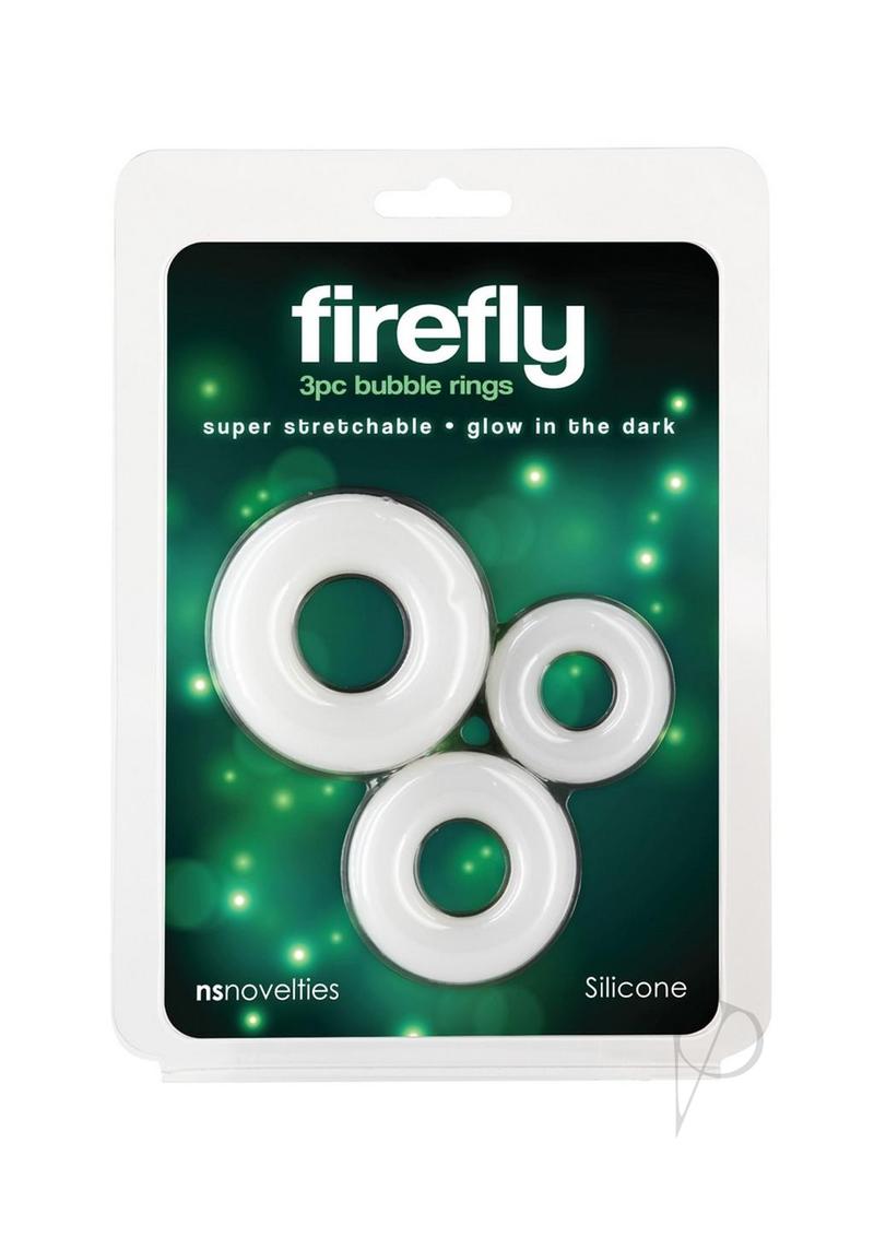 Firefly Bubble Ring Glow in the Dark Cock Ring Set White packaging with three soft rings.