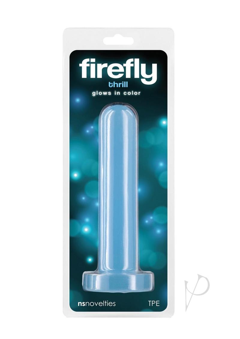 Firefly Thrill Glow in The Dark Dildo Small Blue in packaging, featuring a luminous blue design.
