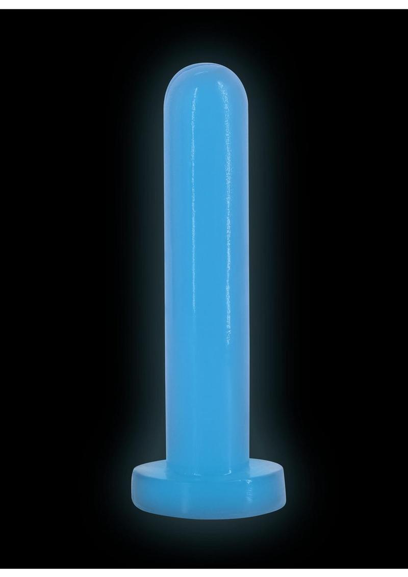 Firefly Thrill Glow in The Dark Dildo Small Blue illuminated against a dark background.