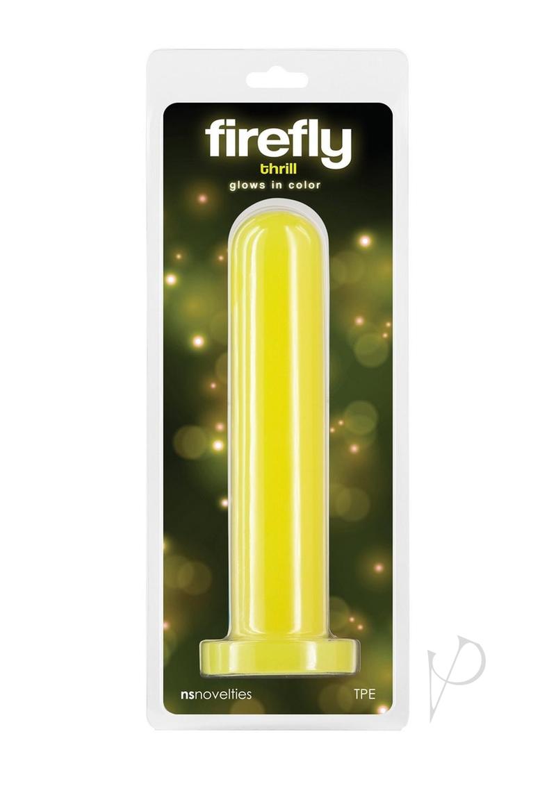 Firefly Thrill Glow in The Dark Dildo Large Yellow in packaging with glowing design for nighttime pleasure.