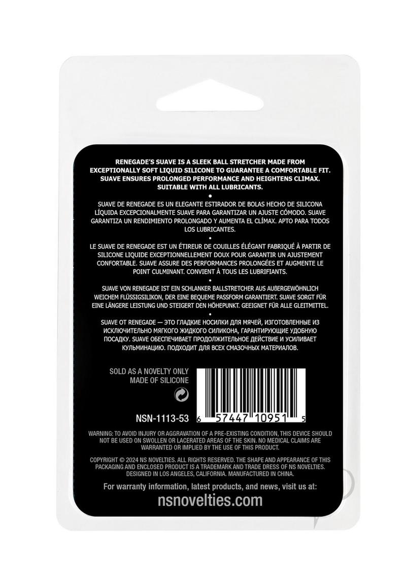 Renegade Suave Silicone Ball Stretcher Cock Ring Black product packaging with multi-language description.