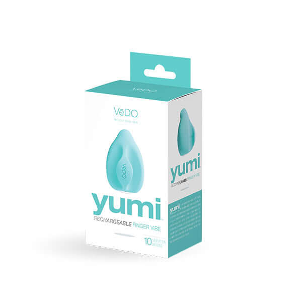 Vedo Yumi Rechargeable Finger Vibe Tease Me Turquoise packaging with ergonomic design for hands-free control.