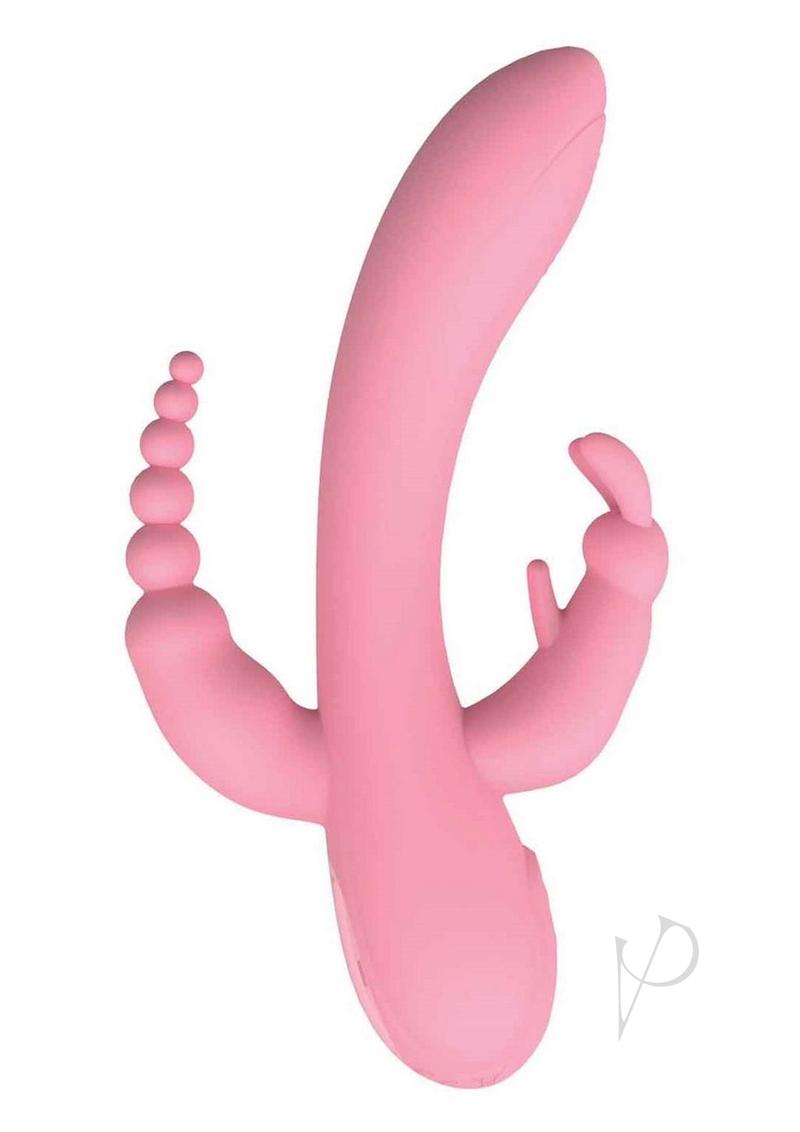 The Beat Trifecta Triple Stimulation Rabbit Vibrator Pink, sleek design with bunny stimulator for clitoral pleasure.