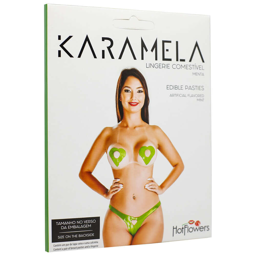 Hot Flowers Karamela Mint Edible Pasties One Size packaging featuring mint-flavored pasties on model.