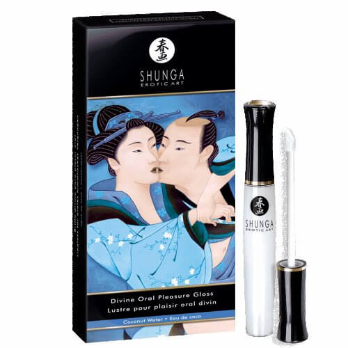 Shunga Divine Oral Pleasure Lipgloss Coconut Water 1 Oz packaging with applicator and artistic design.