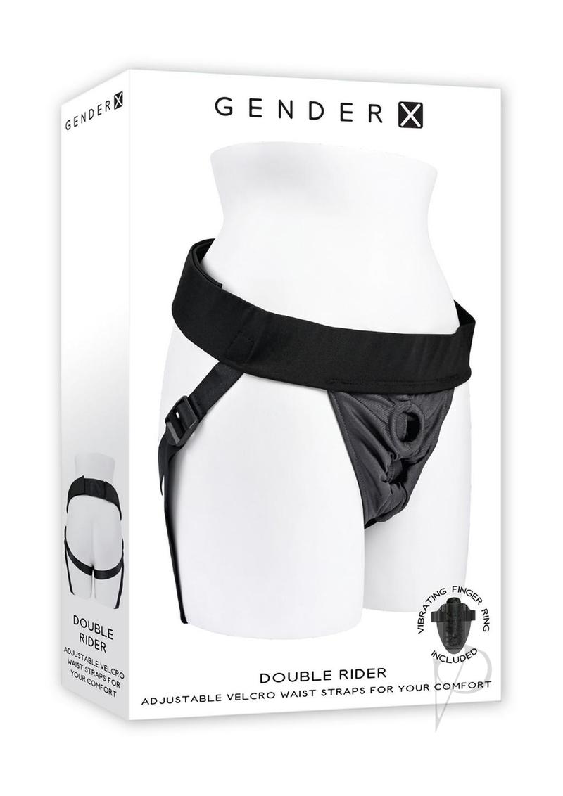 Gender X Double Rider Harness with Vibrating Ring Black packaging on a mannequin, featuring adjustable straps for comfort.