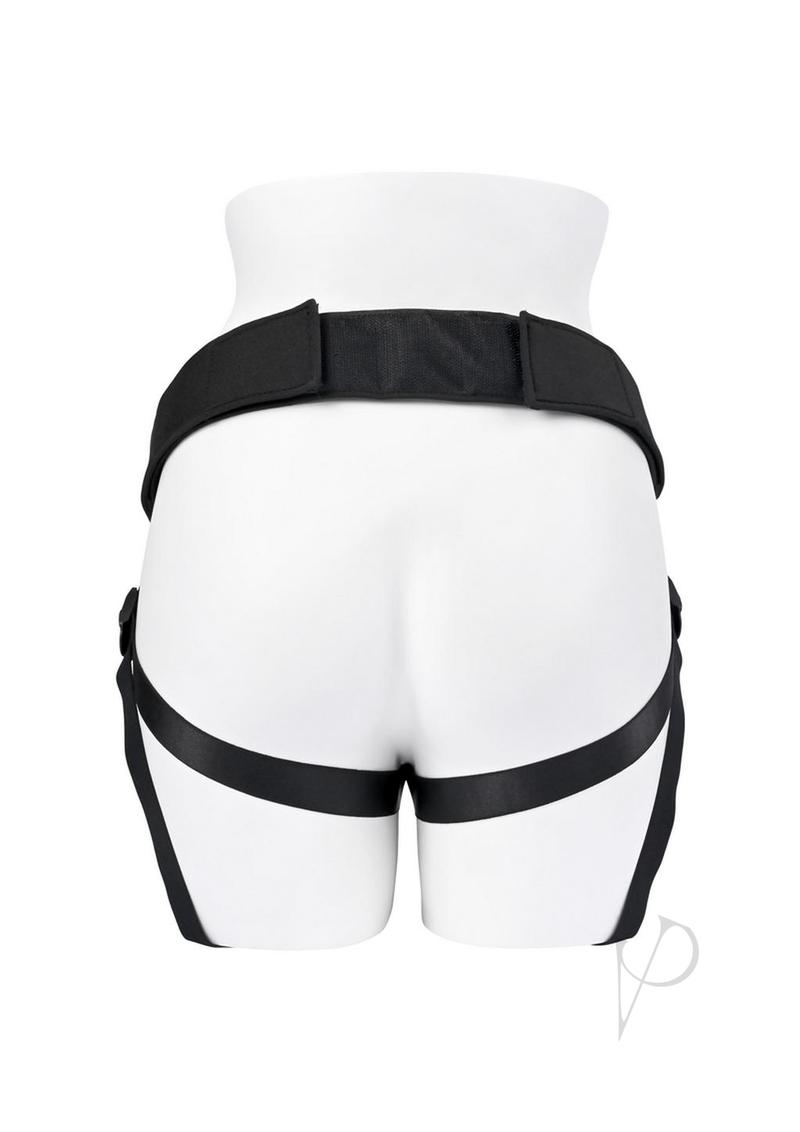 Gender X Double Rider Harness with Vibrating Ring Black displayed on a mannequin's back.
