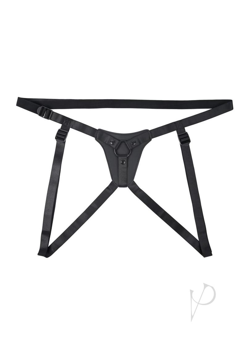Gender X Pleasure Harness Black faux-leather strap-on harness with adjustable straps for secure fit.