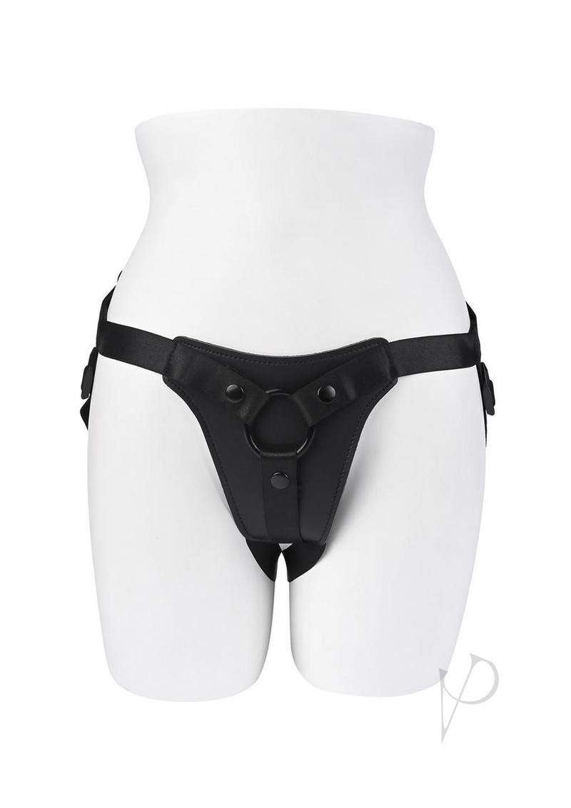 Black Gender X Pleasure Harness Black on a mannequin, featuring adjustable straps and a sturdy strap-on ring.