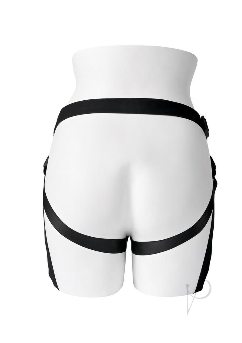 Gender X Pleasure Harness Black showcasing adjustable straps and stylish faux-leather design on a mannequin.