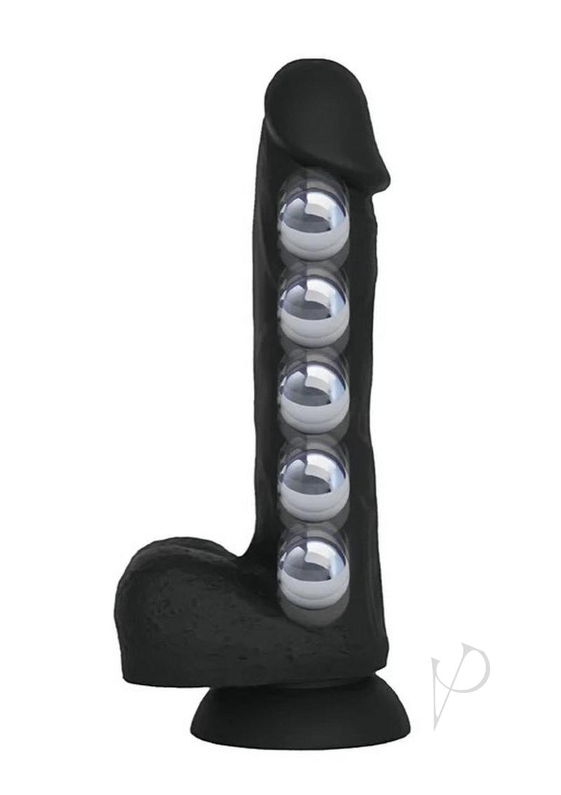 VERS Liquid Silicone Suction Dildo Black with motion balls for enhanced pleasure, designed for hands-free use.