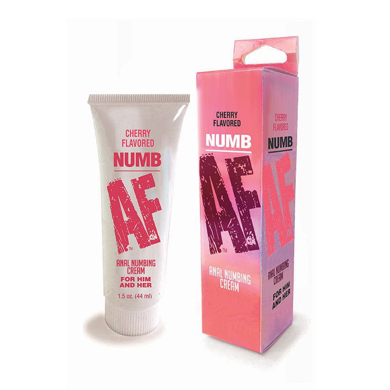 Numb AF Cherry Flavored Anal Numbing Cream 1.5 Oz tube and box packaging with cherry flavor description.