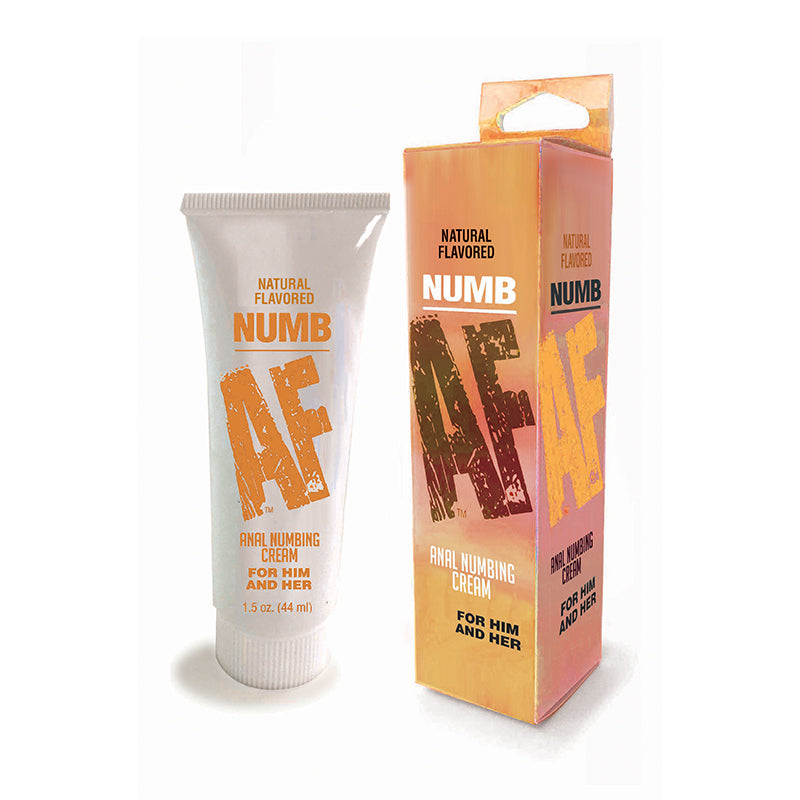 Numb AF Unflavored Anal Numbing Cream 1.5 Oz tube and box packaging for smooth anal play.