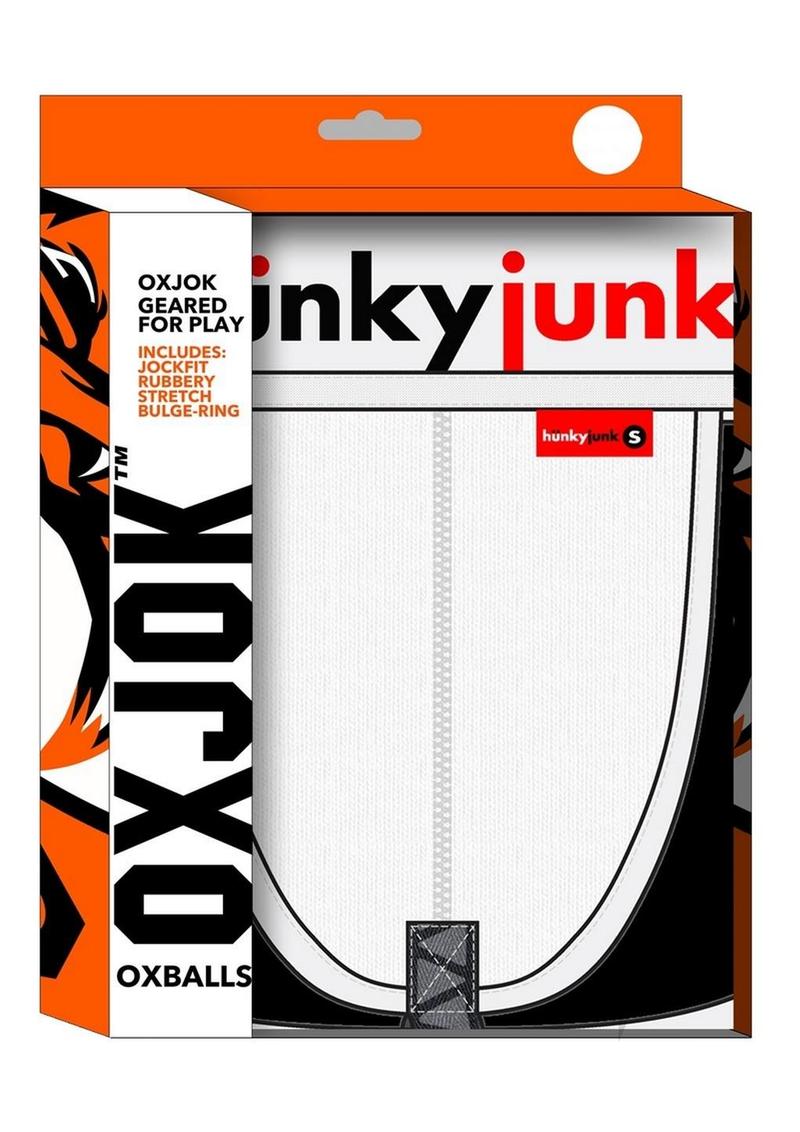 Hunker Comfy Pouch Slider-Strap Jock White Snow Small packaging featuring Oxballs design and product details.