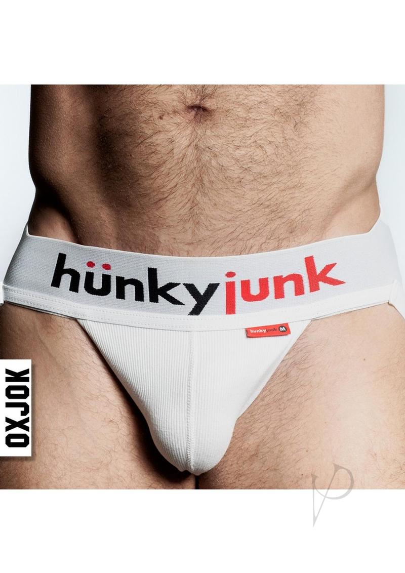 Hunker Comfy Pouch Slider-Strap Jock White Snow Small showcasing a snug fit and ribsoft tri-fold pouch design.