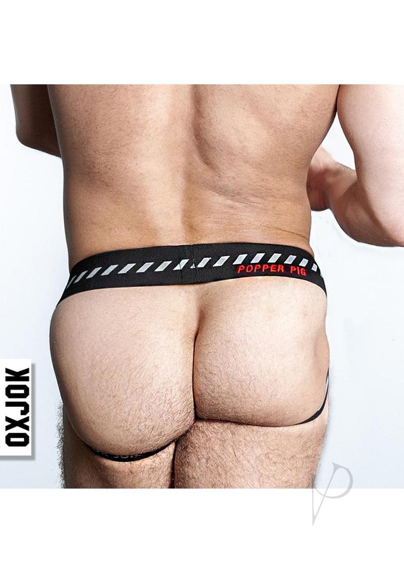 Popper Jock 3D Rubber Huffer Jock Black Red XXLarge shown from the back, highlighting the elastic waistband and contouring design.