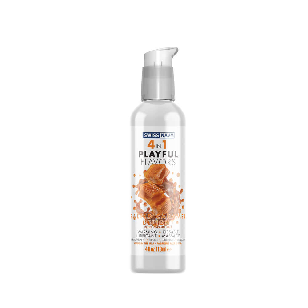 Swiss Navy 4 in 1 Playful Flavors Salted Caramel Delight 4 Oz bottle for sensual experiences and intimate moments.