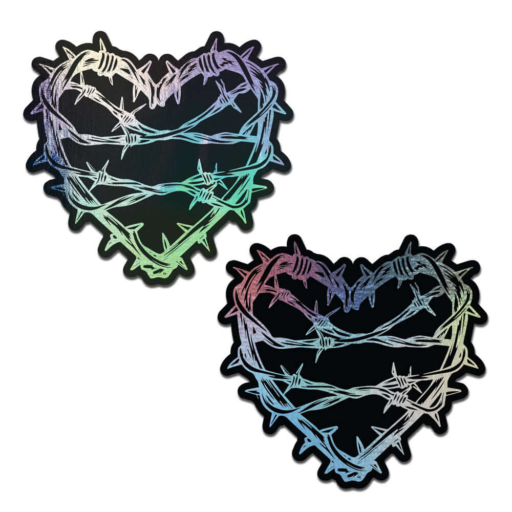 Pastease Barbed Wire Heart Pasties Reflective Nipple Covers with holographic finish and edgy design.
