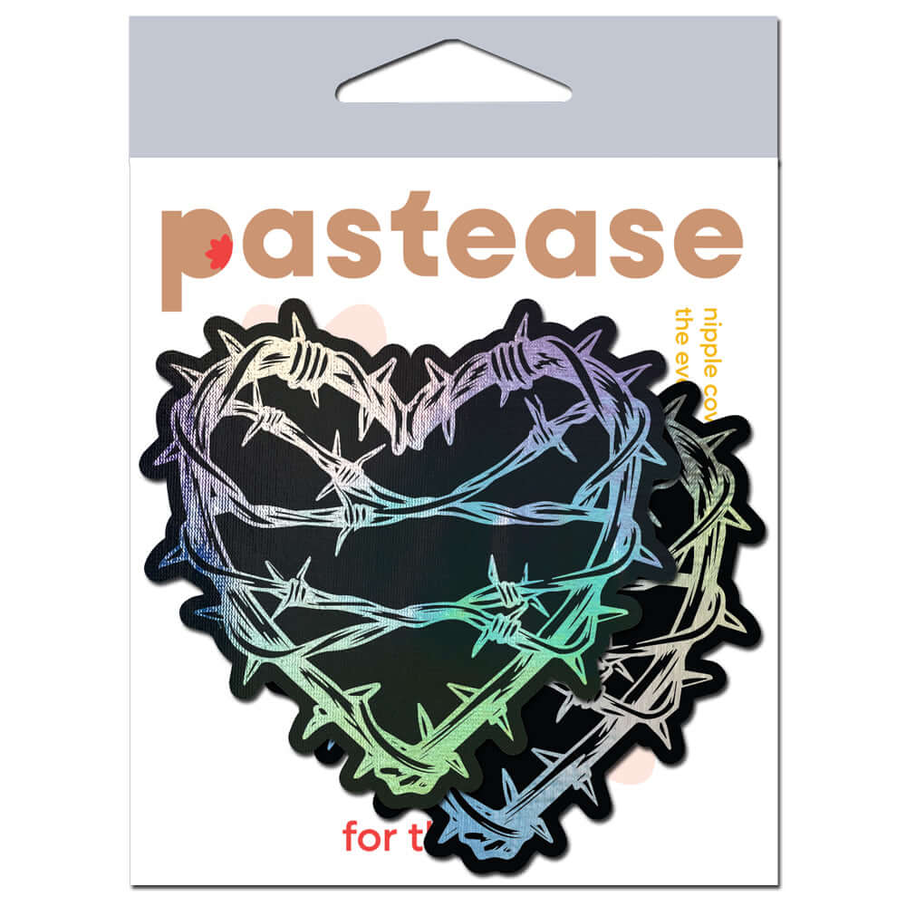 Pastease Barbed Wire Heart Pasties Reflective Nipple Covers packaging featuring a bold heart design with holographic finish.