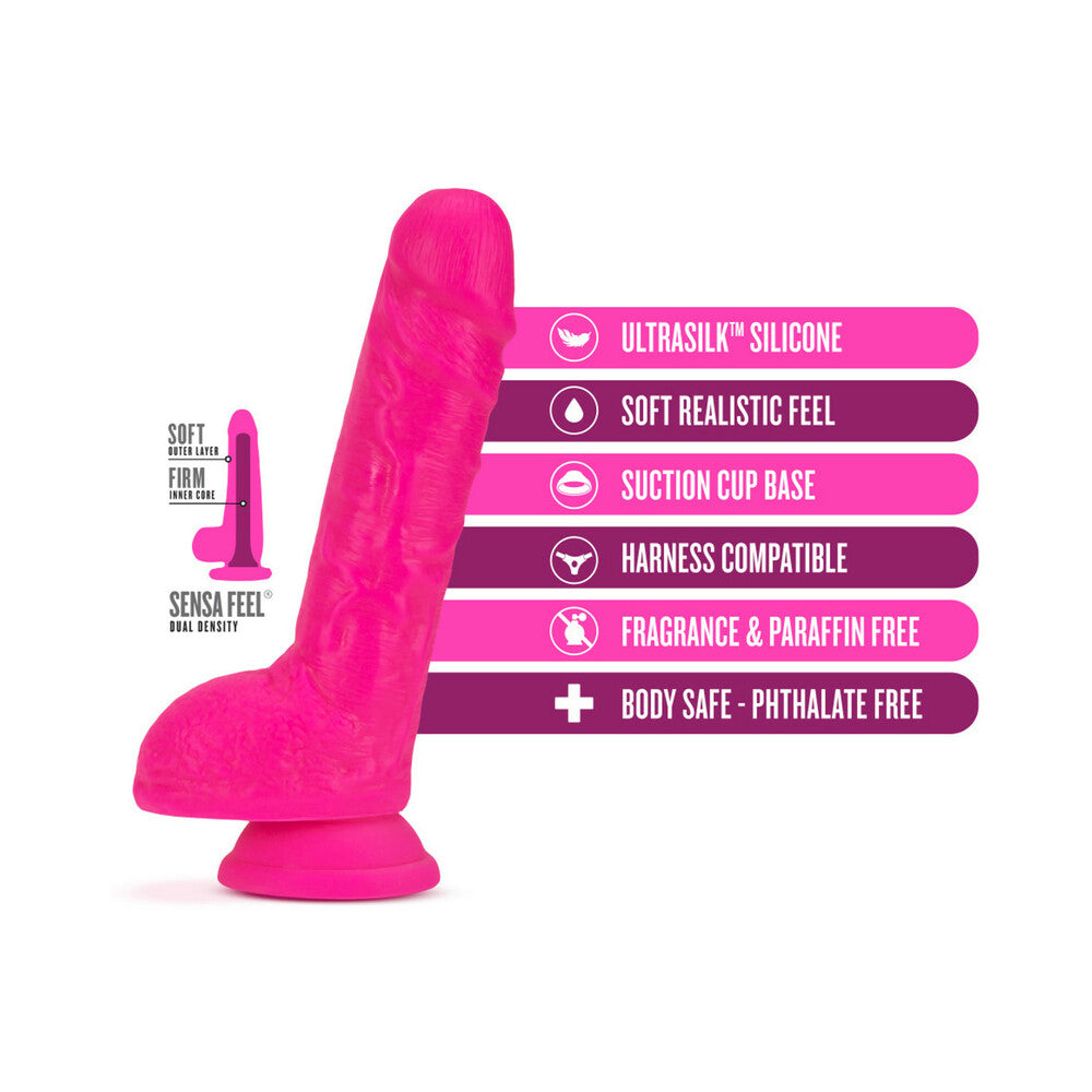 Blush Neo Elite 9 inches Silicone Dual Density Dildo with Balls & Suction Cup Neon Pink