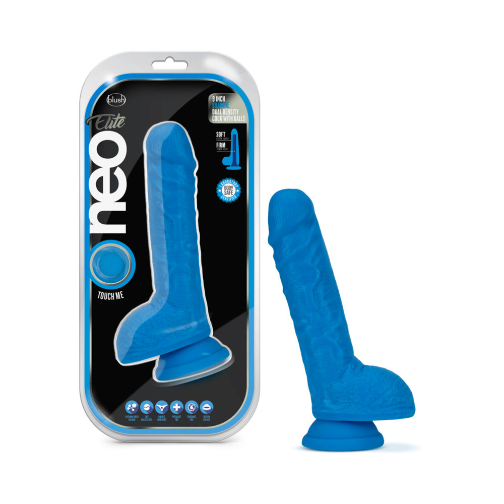 Neo Elite 9 inches Silicone Dual Density Dildo with Balls Neon Blue